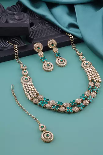 Green yellow gold premium designer american diamond and stone work necklace set