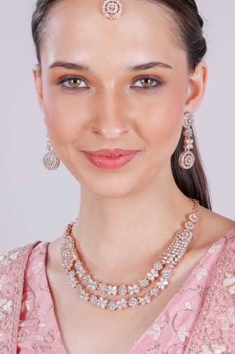 Green rose gold premium designer american diamond and stone work necklace set