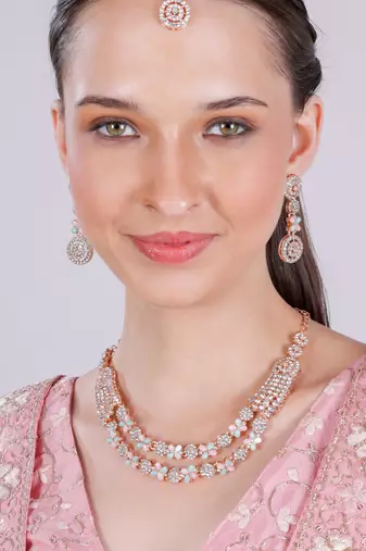 Green rose gold premium designer american diamond and stone work necklace set