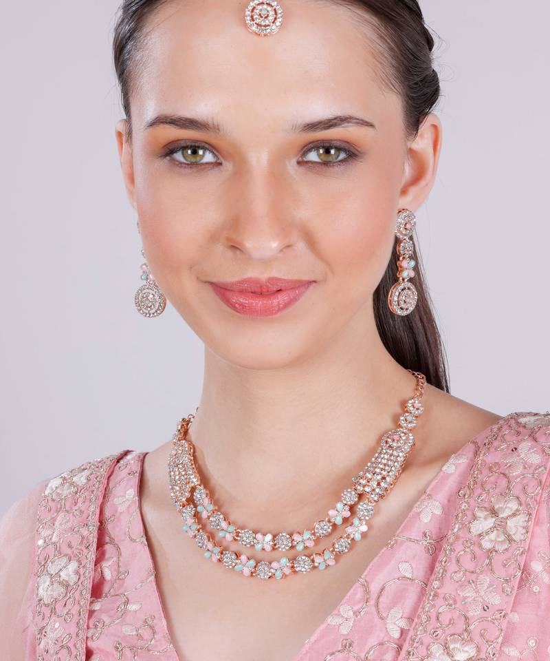 Green rose gold premium designer american diamond and stone work necklace set
