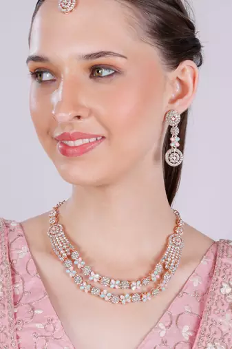 Green rose gold premium designer american diamond and stone work necklace set