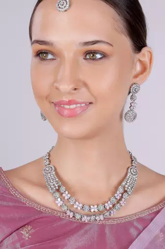 Pink rhodium premium designer american diamond and stone work necklace set