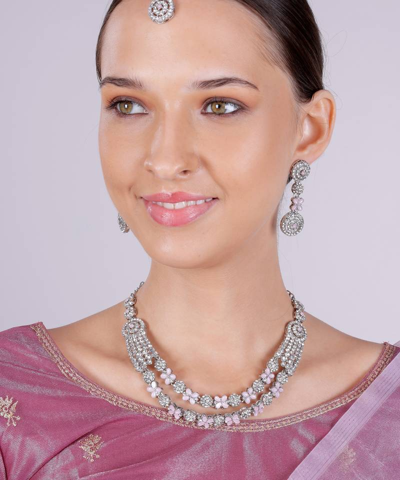 Pink rhodium premium designer american diamond and stone work necklace set