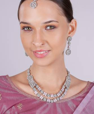 Pink rhodium premium designer american diamond and stone work necklace set 2