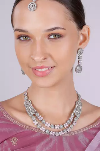Pink rhodium premium designer american diamond and stone work necklace set