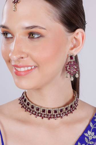 Purple yellow gold premium designer american diamond and stone work necklace set
