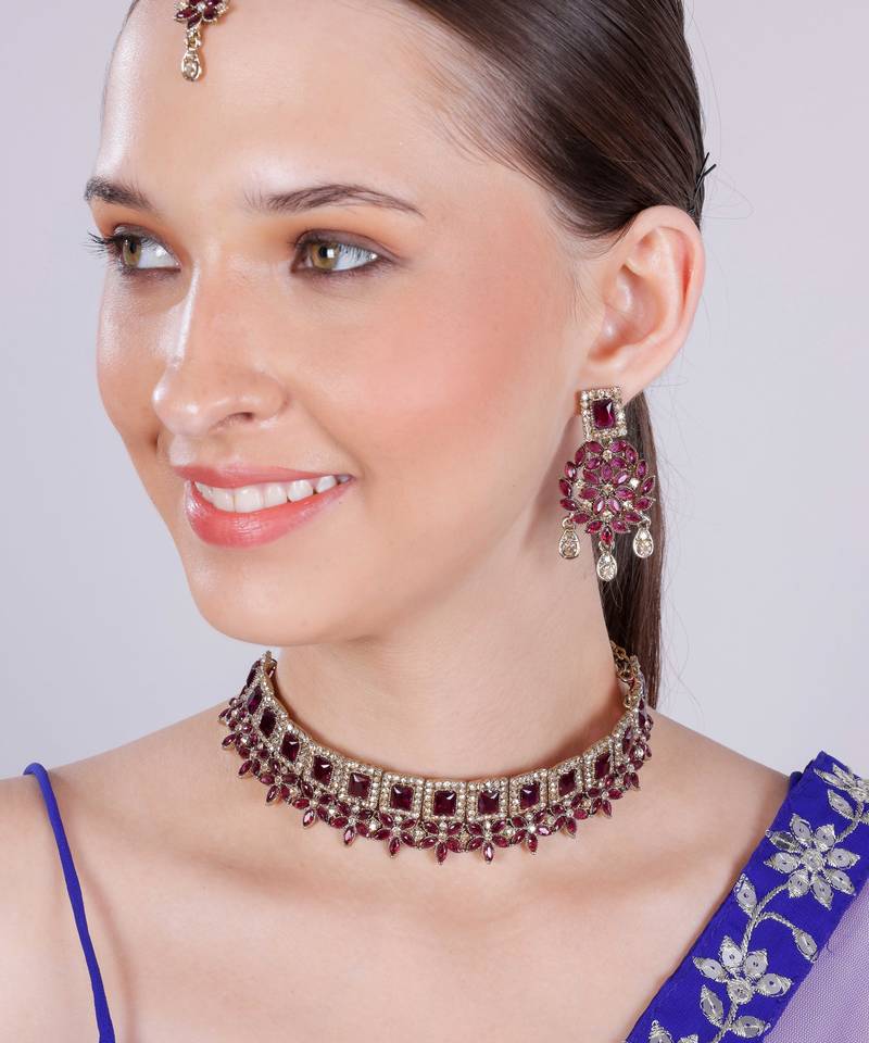 Purple yellow gold premium designer american diamond and stone work necklace set