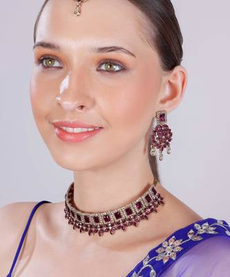 Purple yellow gold premium designer american diamond and stone work necklace set 2