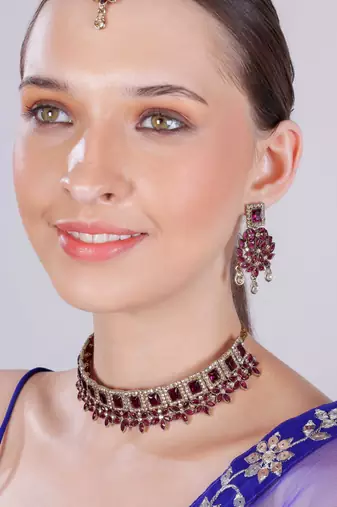 Purple yellow gold premium designer american diamond and stone work necklace set