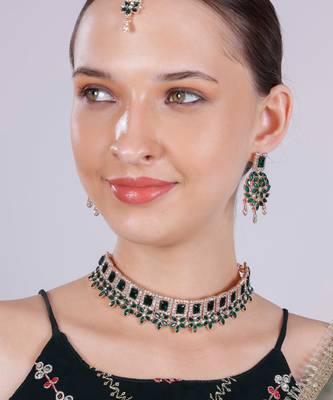 Green rose gold premium designer american diamond and stone work necklace set 1
