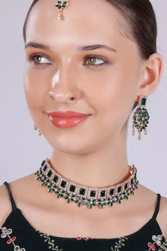 Green rose gold premium designer american diamond and stone work necklace set