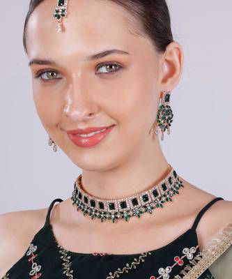 Green rose gold premium designer american diamond and stone work necklace set 2