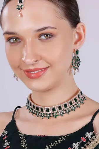 Green rose gold premium designer american diamond and stone work necklace set