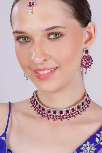 Pink rhodium premium designer american diamond and stone work necklace set