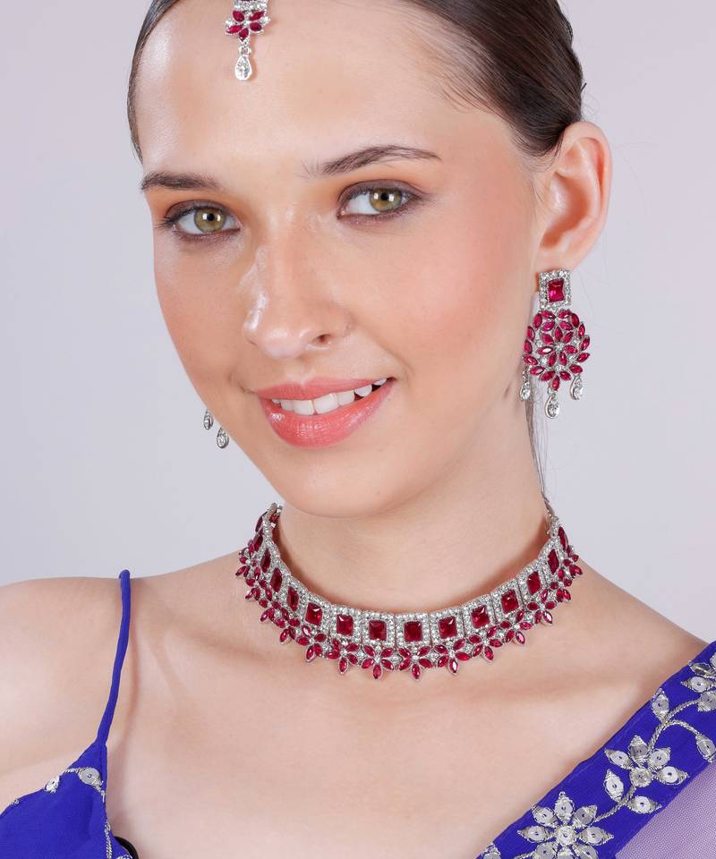 Pink rhodium premium designer american diamond and stone work necklace set
