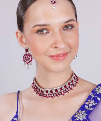Pink rhodium premium designer american diamond and stone work necklace set 2