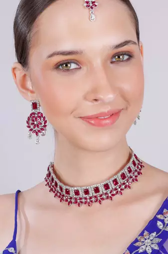 Pink rhodium premium designer american diamond and stone work necklace set