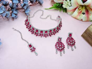 Pink rhodium premium designer american diamond and stone work necklace set 3
