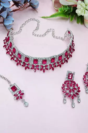 Pink rhodium premium designer american diamond and stone work necklace set