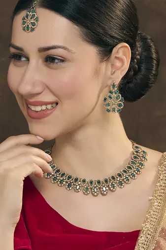 Blue yellow gold premium designer american diamond and stone work necklace set