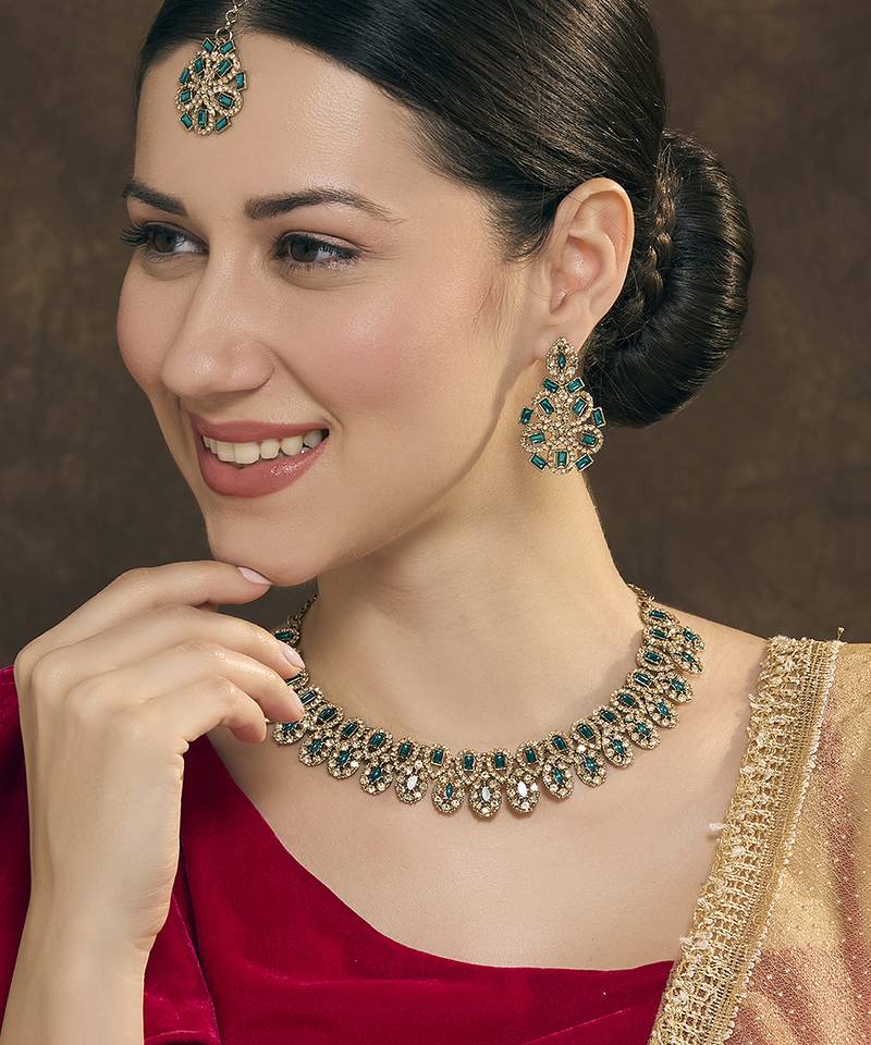 Blue yellow gold premium designer american diamond and stone work necklace set