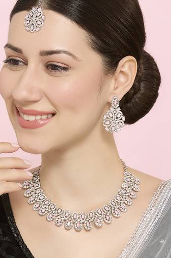 Pink rhodium premium designer american diamond and stone work necklace set