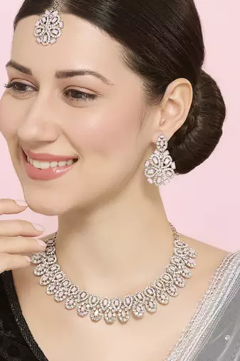 Pink rhodium premium designer american diamond and stone work necklace set