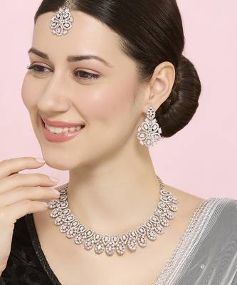 Pink rhodium premium designer american diamond and stone work necklace set 2