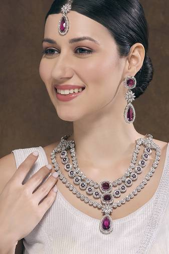 Purple rhodium premium designer american diamond and stone work necklace set