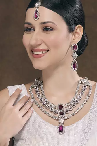 Purple rhodium premium designer american diamond and stone work necklace set