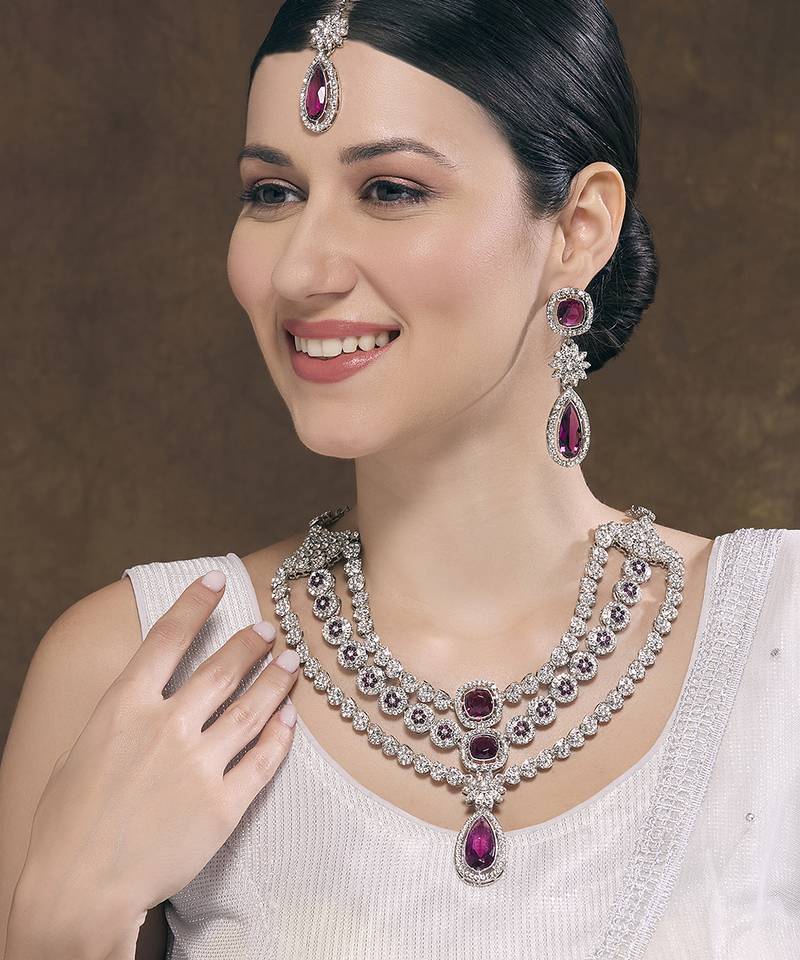 Purple rhodium premium designer american diamond and stone work necklace set