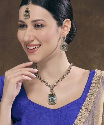 Green yellow gold premium designer american diamond and stone work necklace set 1