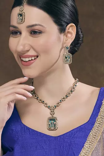 Green yellow gold premium designer american diamond and stone work necklace set