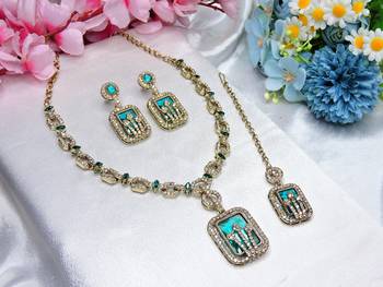 Green yellow gold premium designer american diamond and stone work necklace set 2
