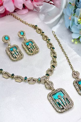 Green yellow gold premium designer american diamond and stone work necklace set