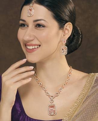 Pink rose gold premium designer american diamond and stone work necklace set 1