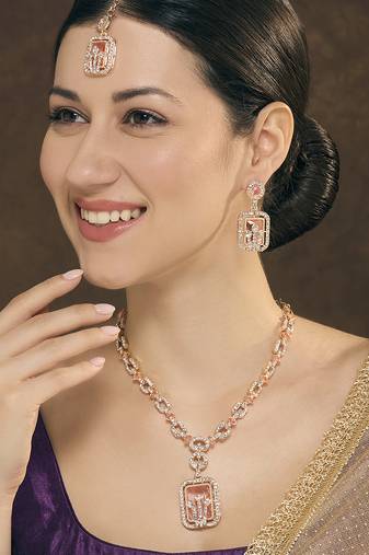 Pink rose gold premium designer american diamond and stone work necklace set