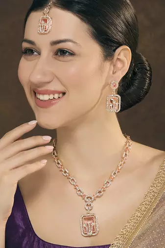 Pink rose gold premium designer american diamond and stone work necklace set