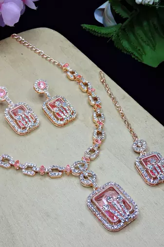 Pink rose gold premium designer american diamond and stone work necklace set