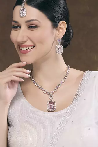 Purple rhodium premium designer american diamond and stone work necklace set