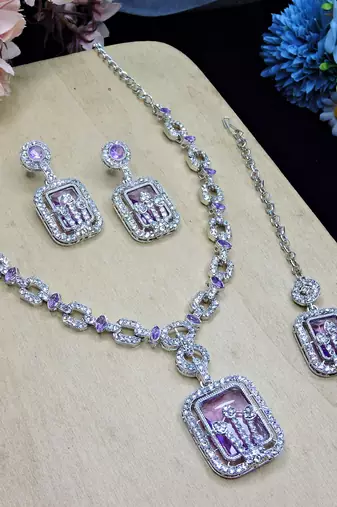 Purple rhodium premium designer american diamond and stone work necklace set