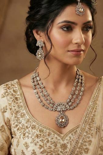 Gold yellow gold premium designer american diamond and stone work necklace set