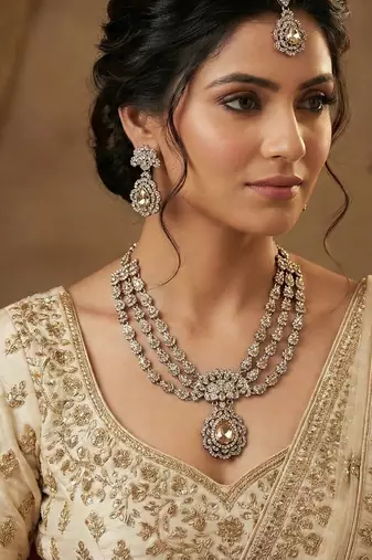 Gold yellow gold premium designer american diamond and stone work necklace set