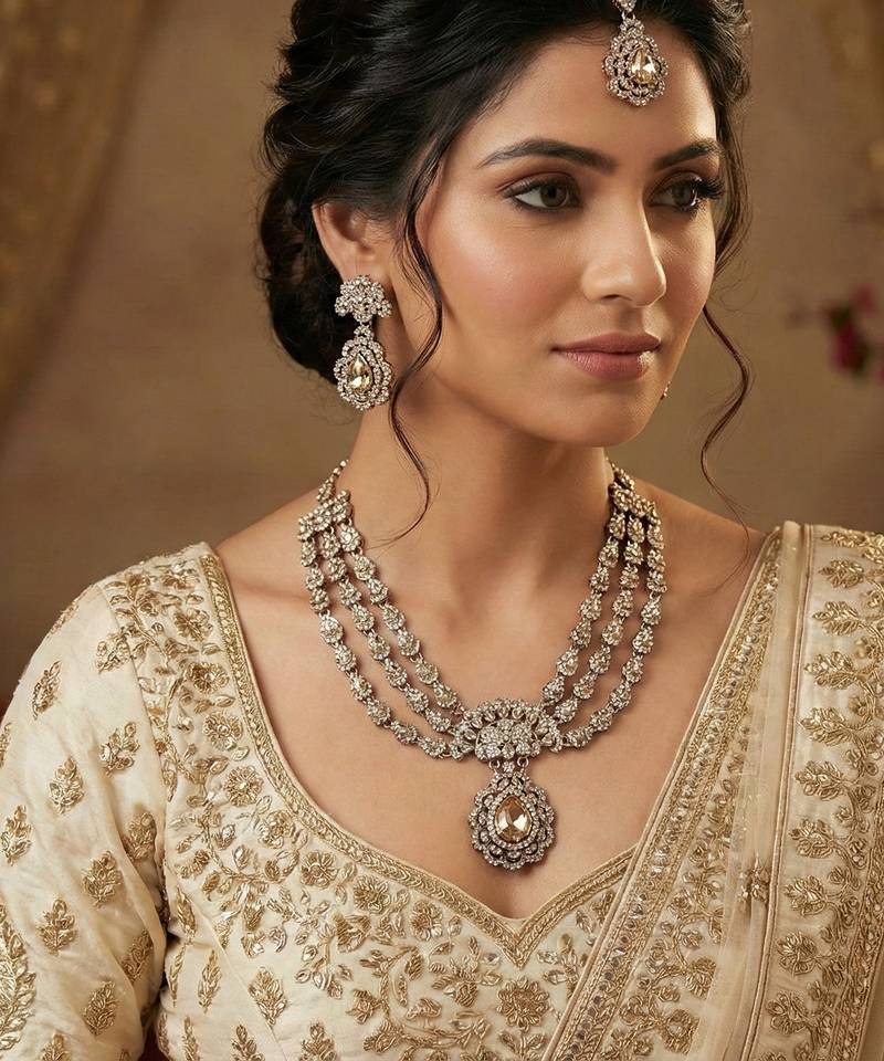 Gold yellow gold premium designer american diamond and stone work necklace set