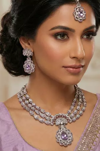 Purple yellow gold premium designer american diamond and stone work necklace set