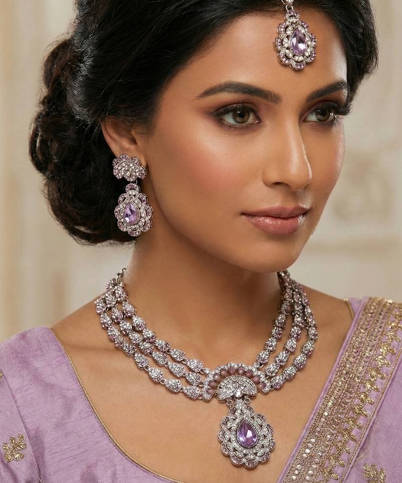 Purple yellow gold premium designer american diamond and stone work necklace set
