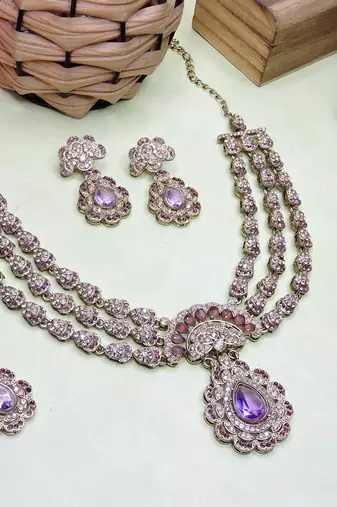 Purple yellow gold premium designer american diamond and stone work necklace set