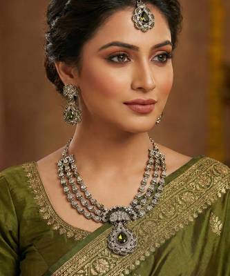 Green yellow gold premium designer american diamond and stone work necklace set 1