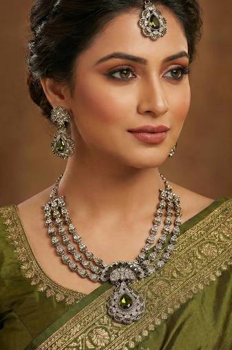 Green yellow gold premium designer american diamond and stone work necklace set