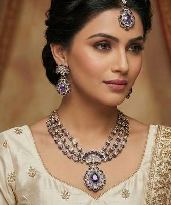 Blue yellow gold premium designer american diamond and stone work necklace set 1